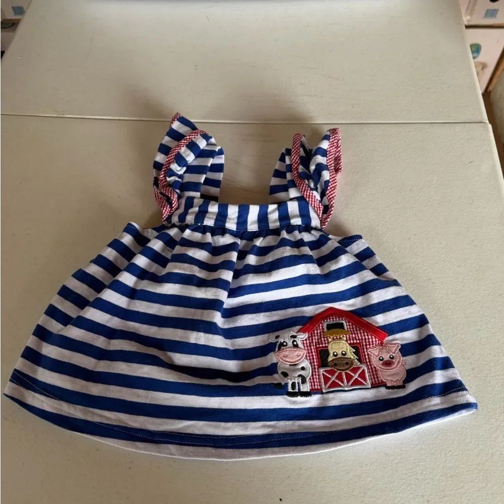 Stitchy Fish Blue and White Striped Baby Top with Farm Animal Patch